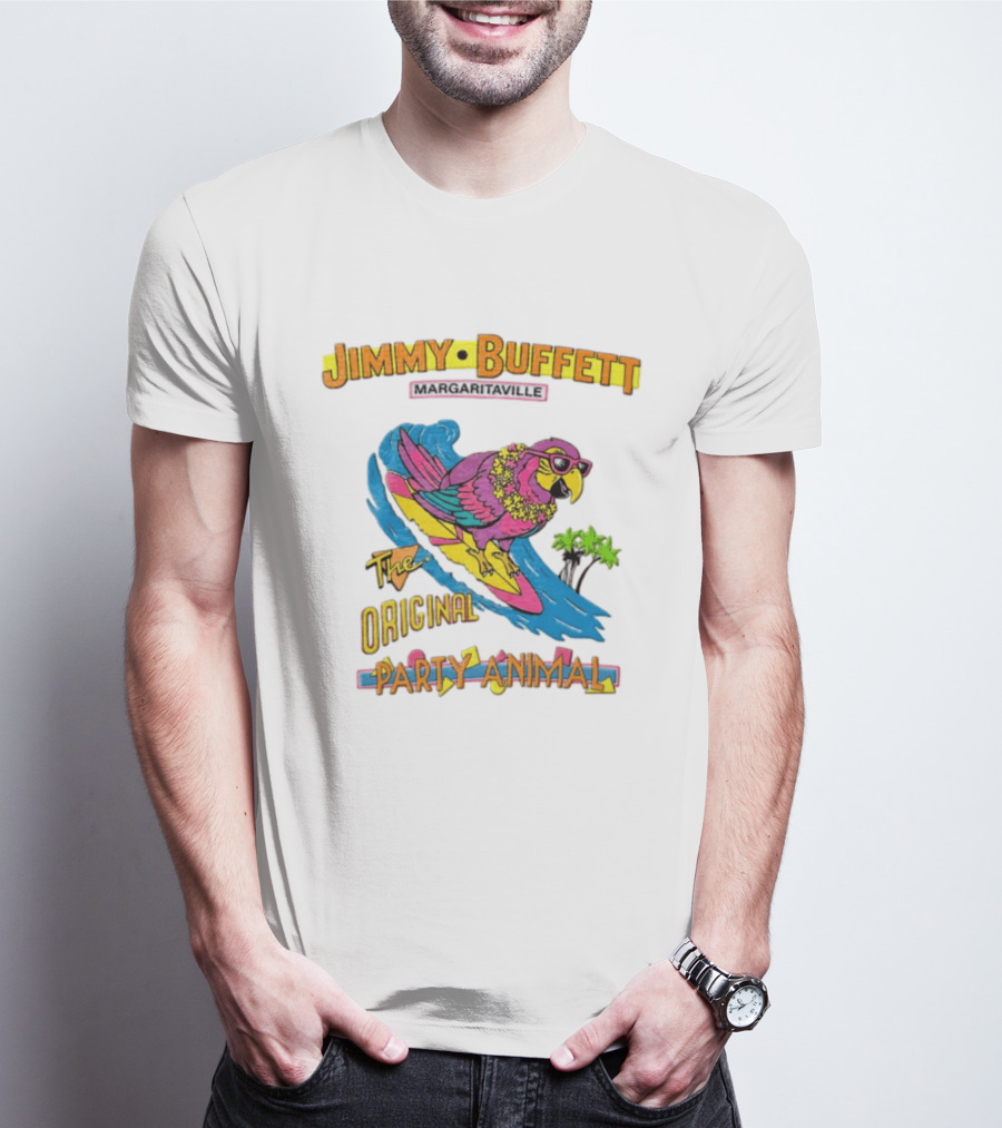 Jimmy Buffett Margaritaville Original Party Animal Parrot Surfing Wave T-Shirt