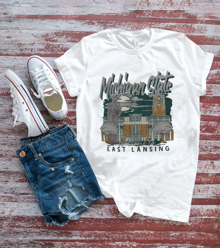 Michigan State University Welcome To East Lansing Scenic Campus Architecture And Famous Spartan Statue T-Shirt