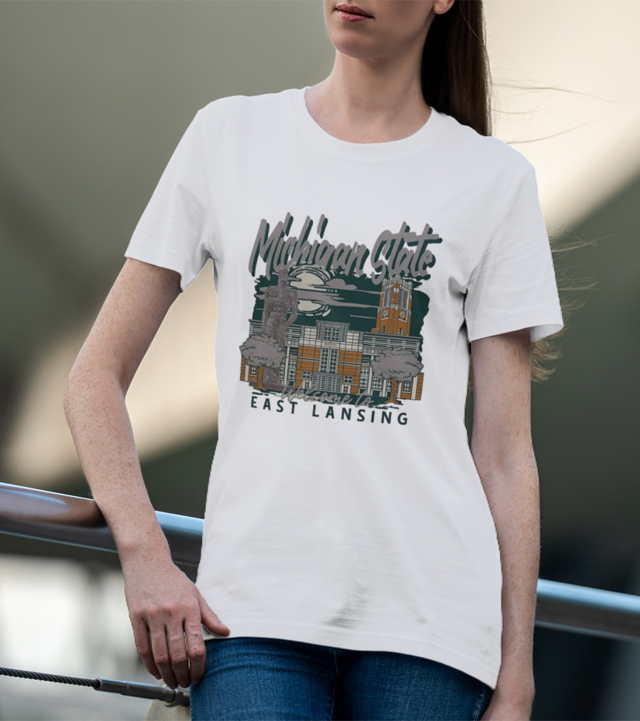 Michigan State University Welcome To East Lansing Scenic Campus Architecture And Famous Spartan Statue T-Shirt