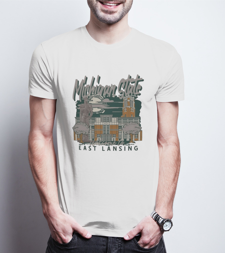 Michigan State University Welcome To East Lansing Scenic Campus Architecture And Famous Spartan Statue T-Shirt