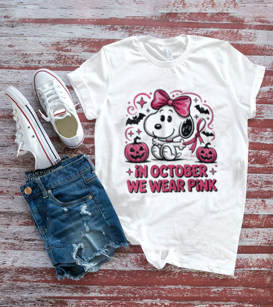 In October We Wear Pink Snoopy Peanuts Halloween Bow Pumpkins Bats T-Shirt