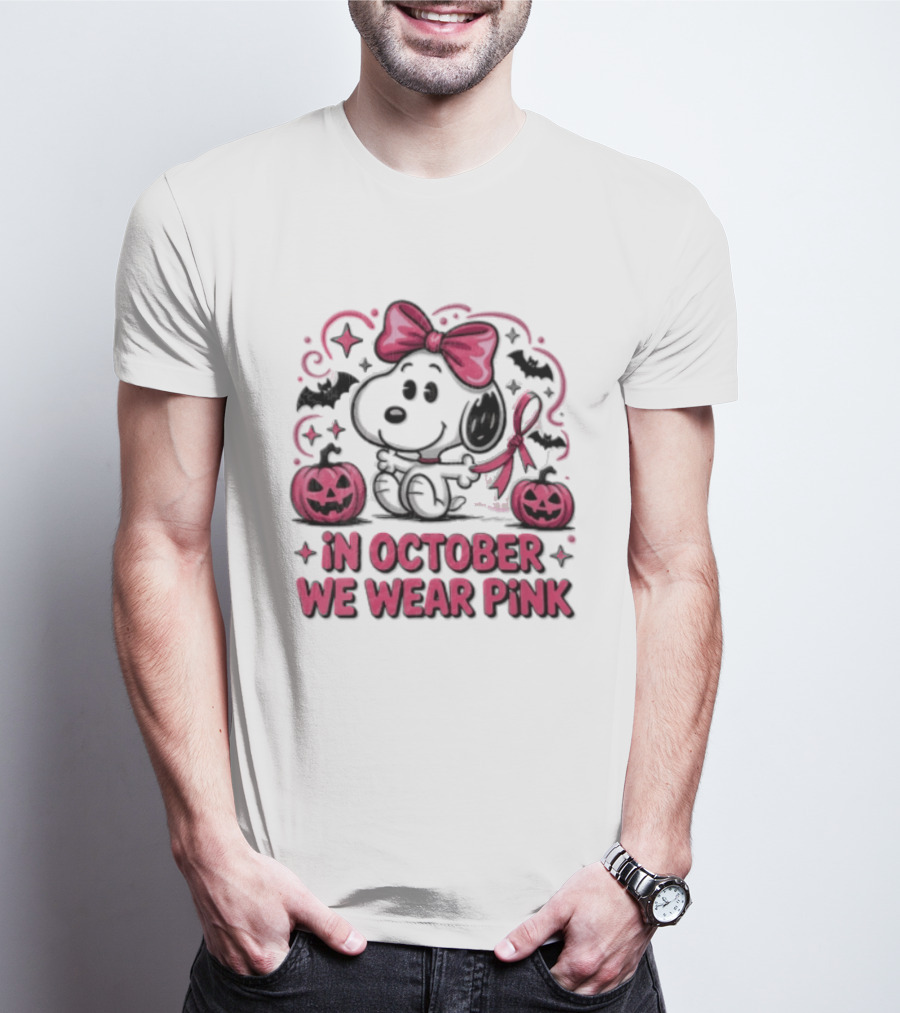 In October We Wear Pink Snoopy Peanuts Halloween Bow Pumpkins Bats T-Shirt
