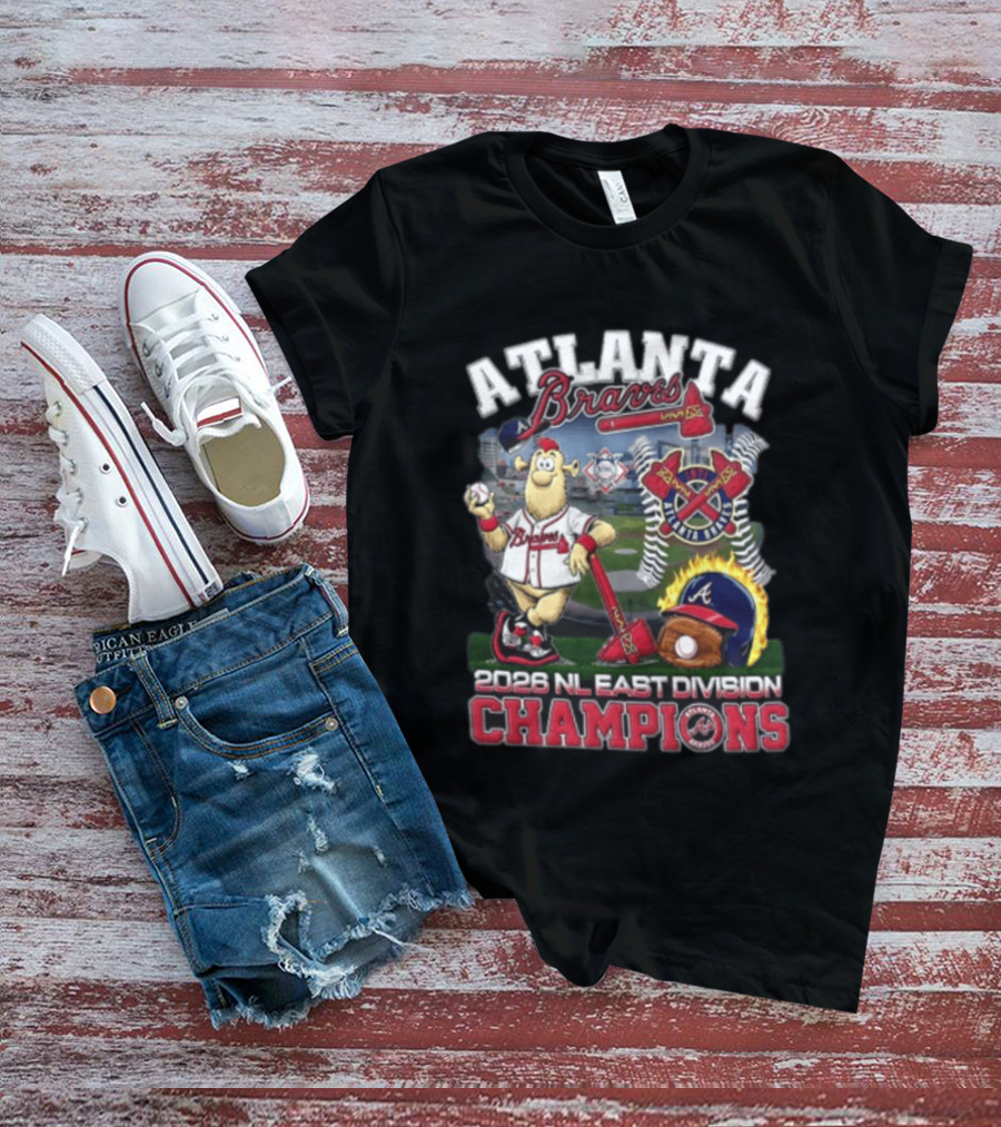 Atlanta Braves 2026 NL East Division Champions Stadium With Mascot And Baseball Bat T-Shirt