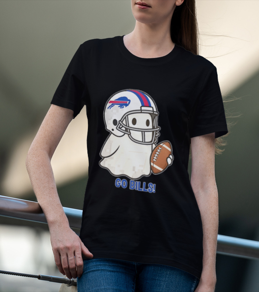 Buffalo Bills Ghost GO BILLS Football Helmet Holding Ball T-Shirt