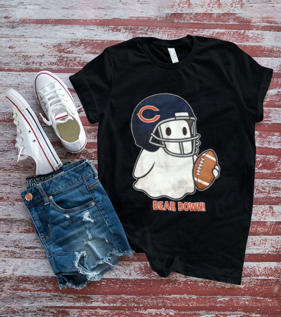 Chicago Bears Bear Down Ghost Football Helmet Holding Ball T-Shirt