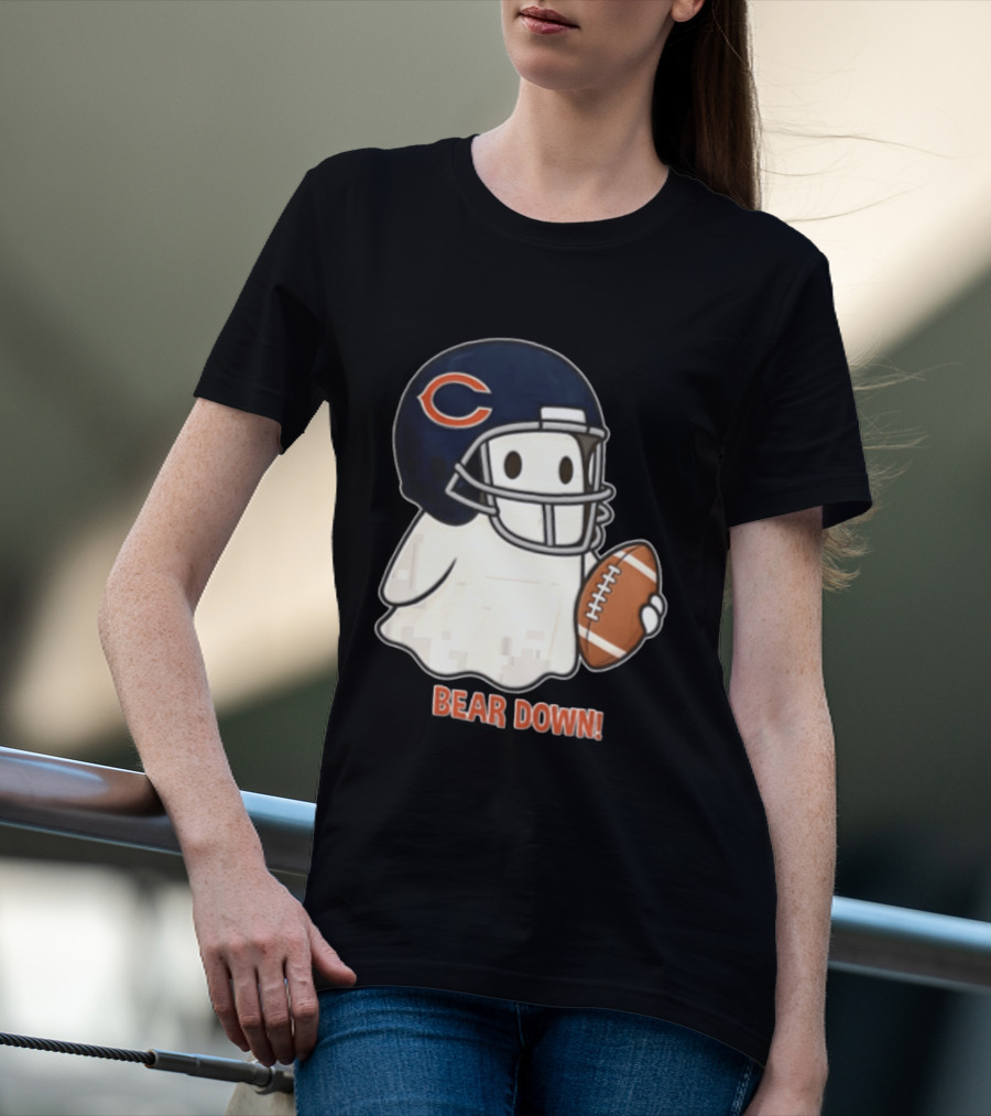 Chicago Bears Bear Down Ghost Football Helmet Holding Ball T-Shirt