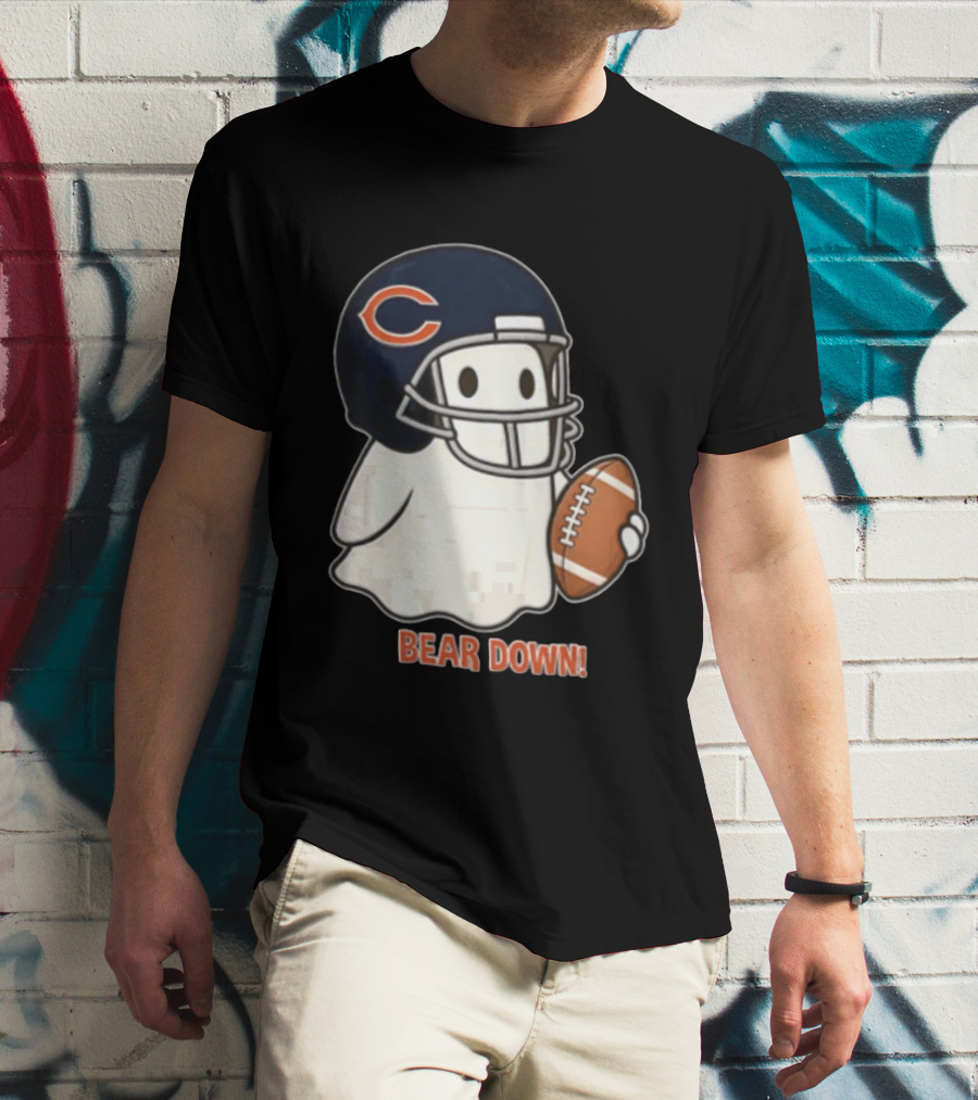 Chicago Bears Bear Down Ghost Football Helmet Holding Ball T-Shirt