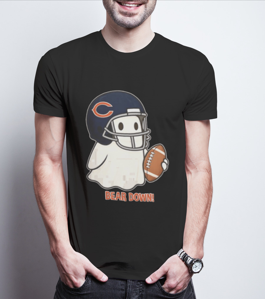 Chicago Bears Bear Down Ghost Football Helmet Holding Ball T-Shirt