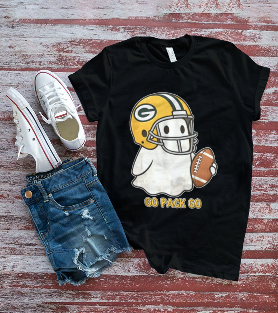 Go Pack Go Ghost With Green Bay Packers Football Helmet And Ball T-Shirt
