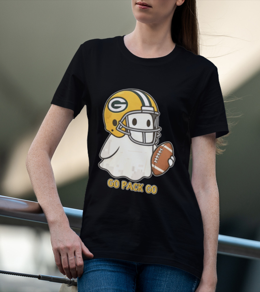 Go Pack Go Ghost With Green Bay Packers Football Helmet And Ball T-Shirt