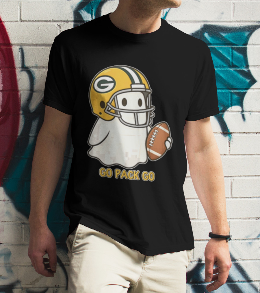 Go Pack Go Ghost With Green Bay Packers Football Helmet And Ball T-Shirt