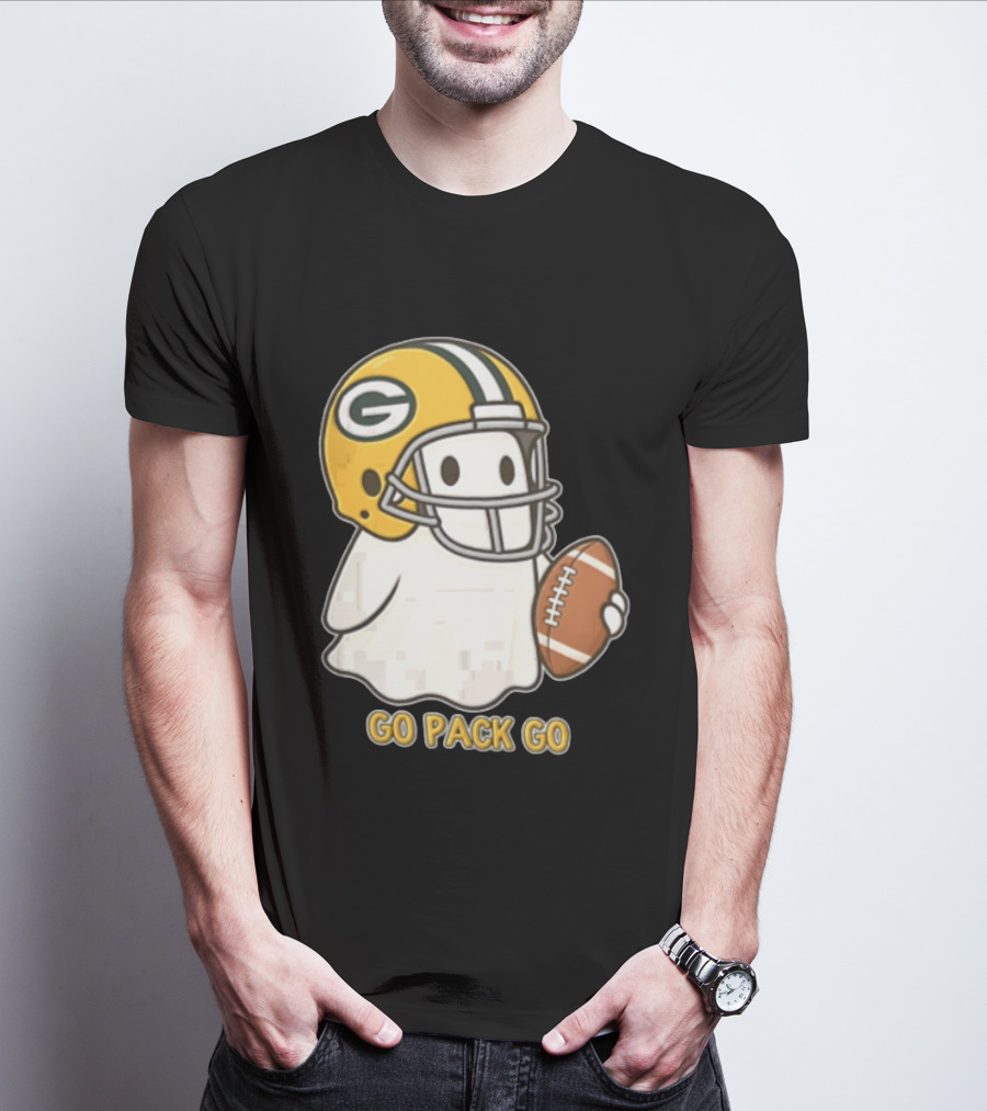 Go Pack Go Ghost With Green Bay Packers Football Helmet And Ball T-Shirt