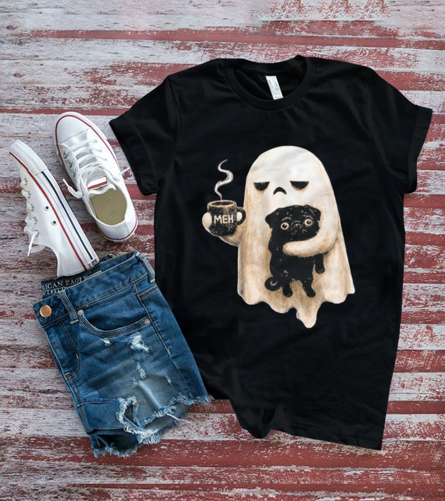 Halloween Meh Ghost Holding Black Pug Dog Lover T-Shirt