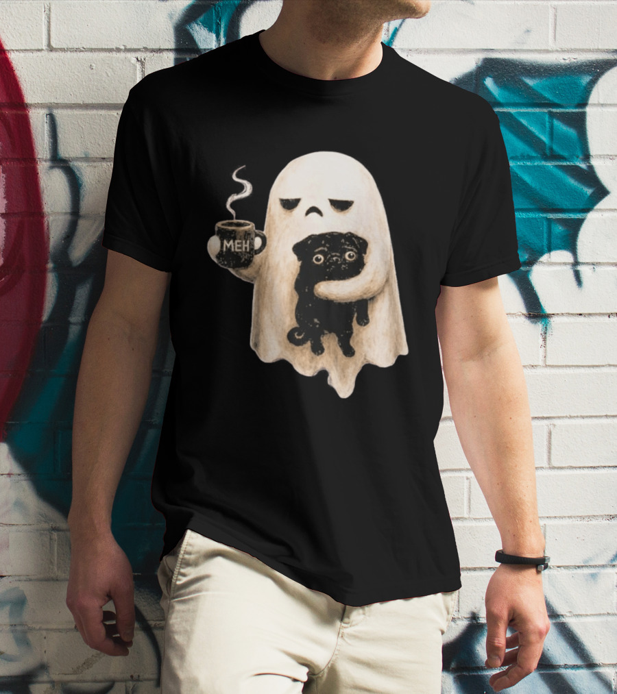 Halloween Meh Ghost Holding Black Pug Dog Lover T-Shirt