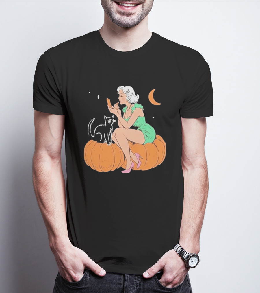 Pinup Girl Applying Lipstick On Pumpkin With Black Cat Halloween Moon Scene T-Shirt