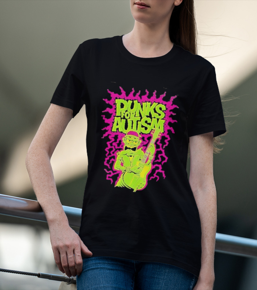 Punks For Autism Frankenstein Guitar Player Neon Rock T-Shirt