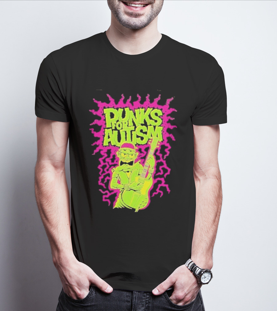 Punks For Autism Frankenstein Guitar Player Neon Rock T-Shirt