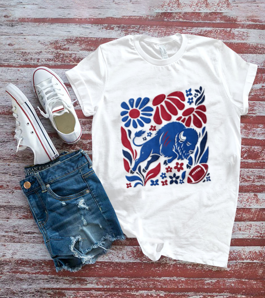 Buffalo Bills Charging Buffalo Red Blue Flowers Football T-Shirt