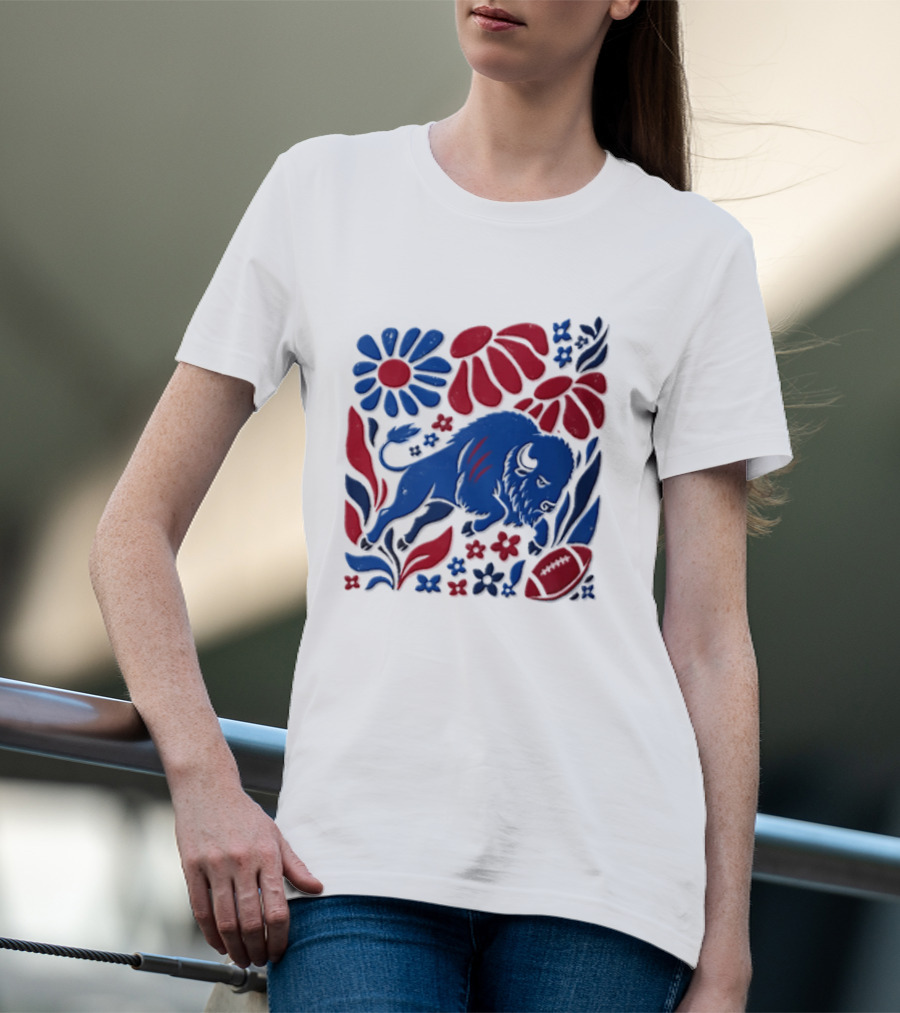 Buffalo Bills Charging Buffalo Red Blue Flowers Football T-Shirt