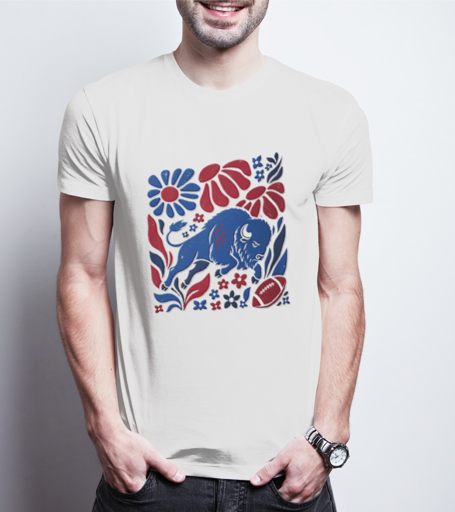 Buffalo Bills Charging Buffalo Red Blue Flowers Football T-Shirt