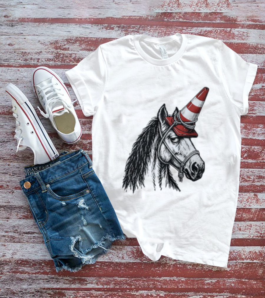 Horse Wearing Red Traffic Cone Hat Rope Accessory T-Shirt
