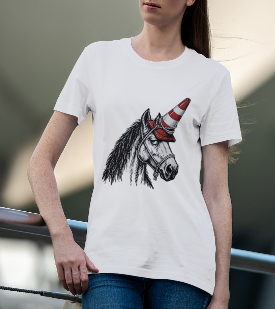 Horse Wearing Red Traffic Cone Hat Rope Accessory T-Shirt
