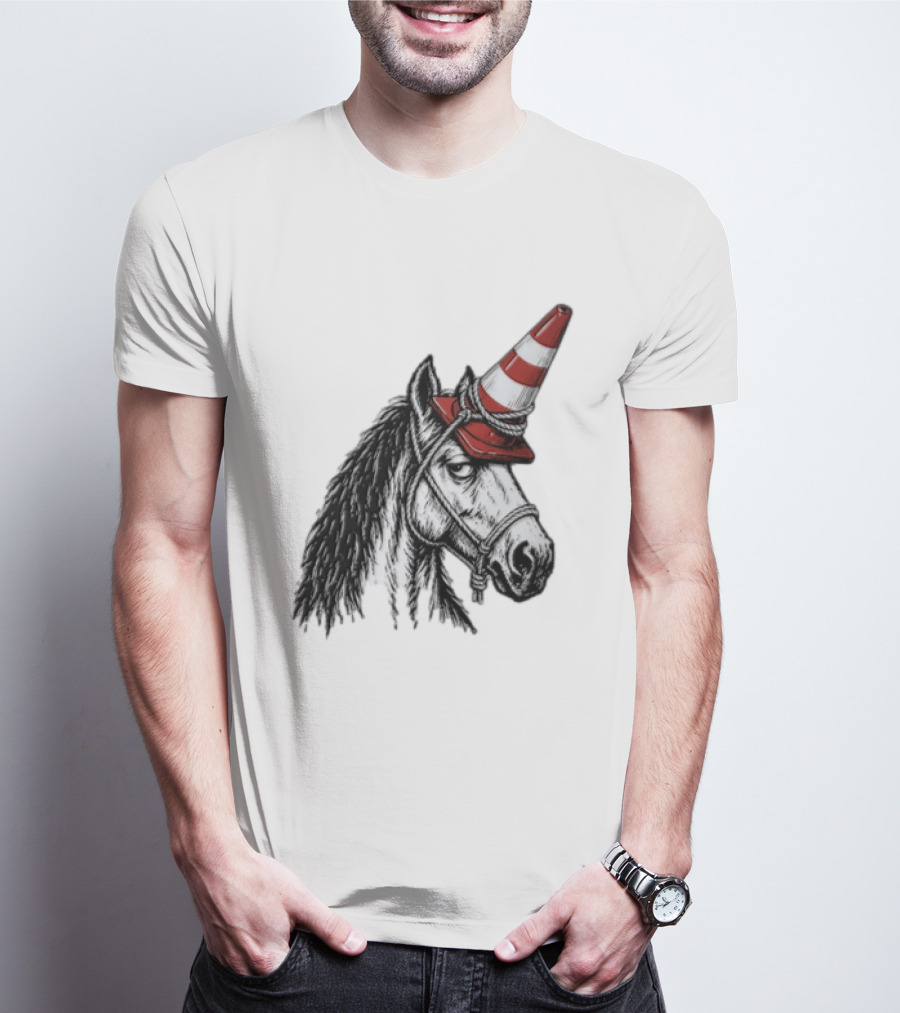 Horse Wearing Red Traffic Cone Hat Rope Accessory T-Shirt
