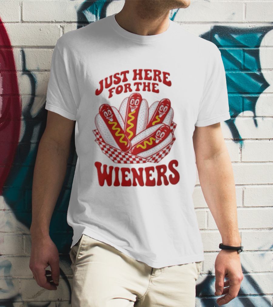 Just Here For The Wieners Four Cartoon Hot Dogs Mustard T-Shirt