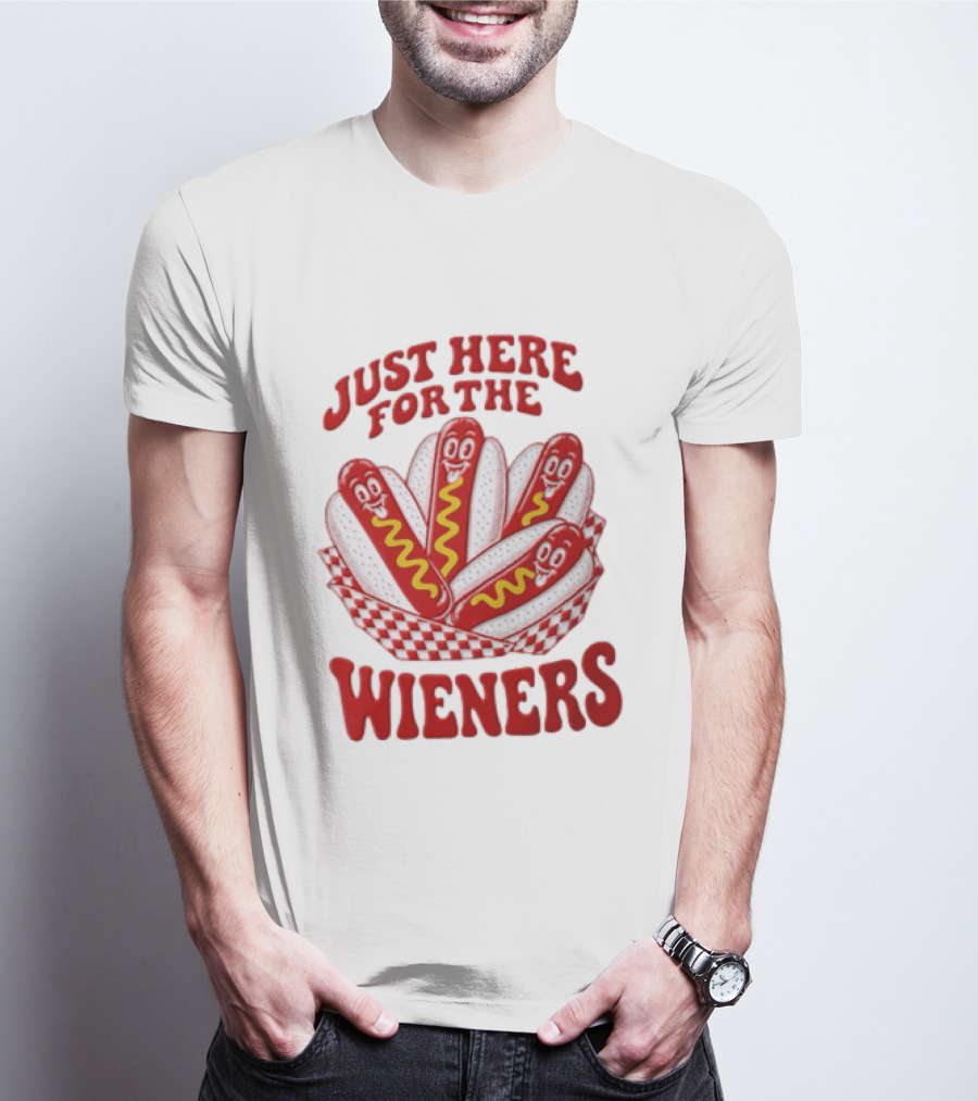 Just Here For The Wieners Four Cartoon Hot Dogs Mustard T-Shirt