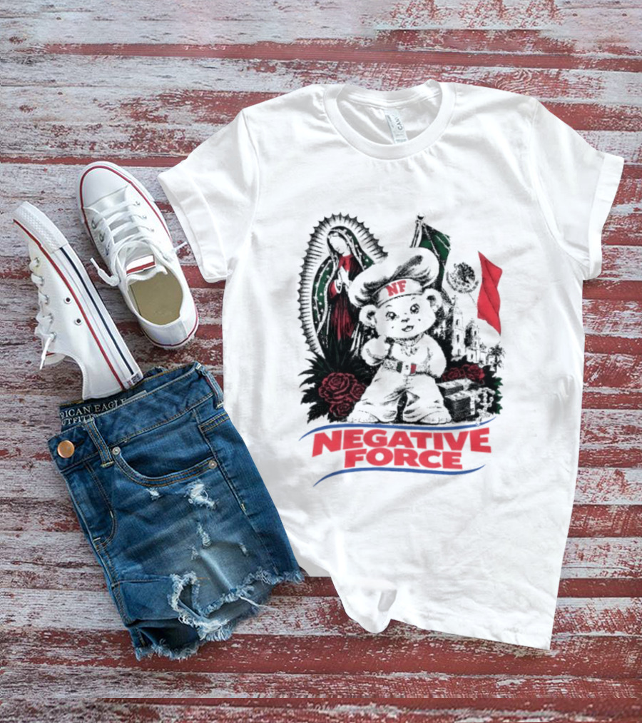 Negative Force Bear With Mexican Flag Virgin Mary Roses T-Shirt