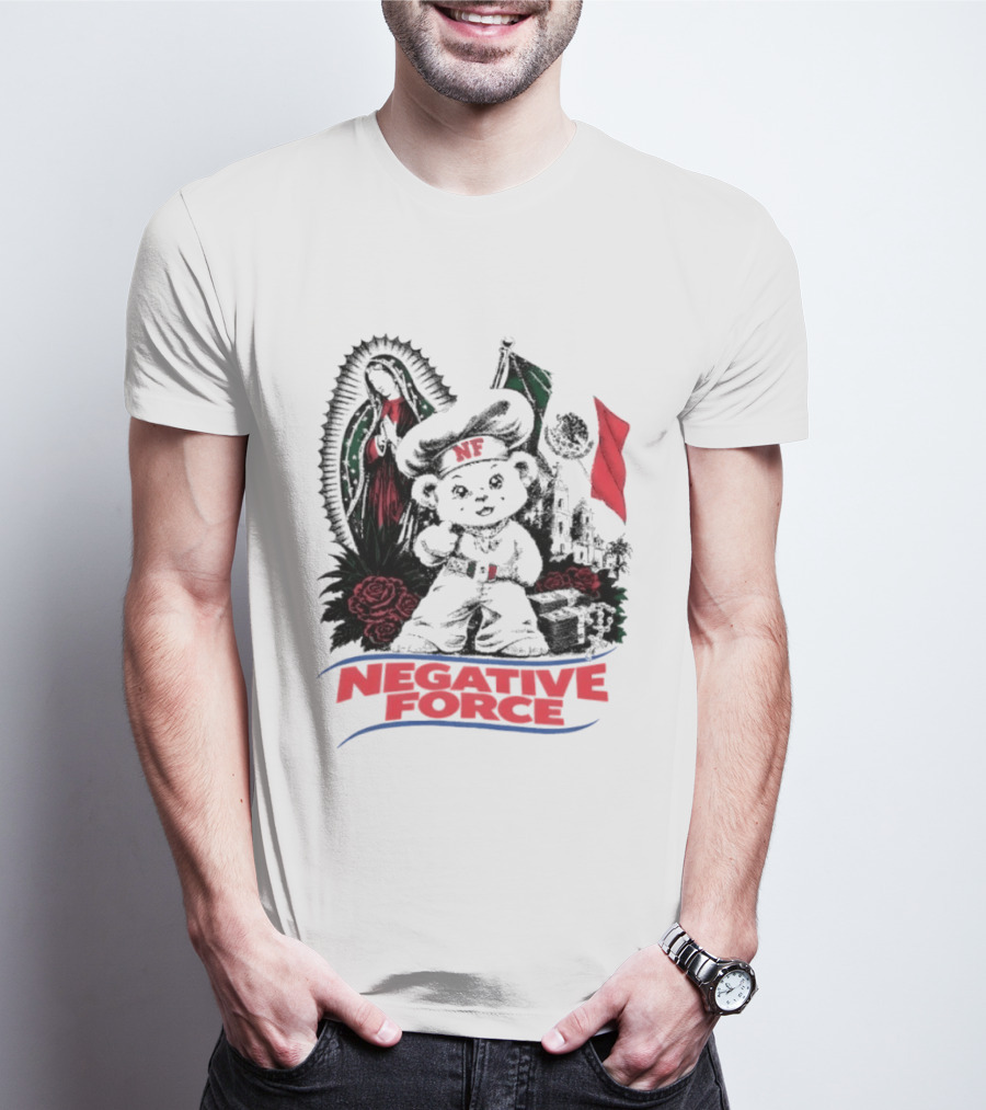 Negative Force Bear With Mexican Flag Virgin Mary Roses T-Shirt
