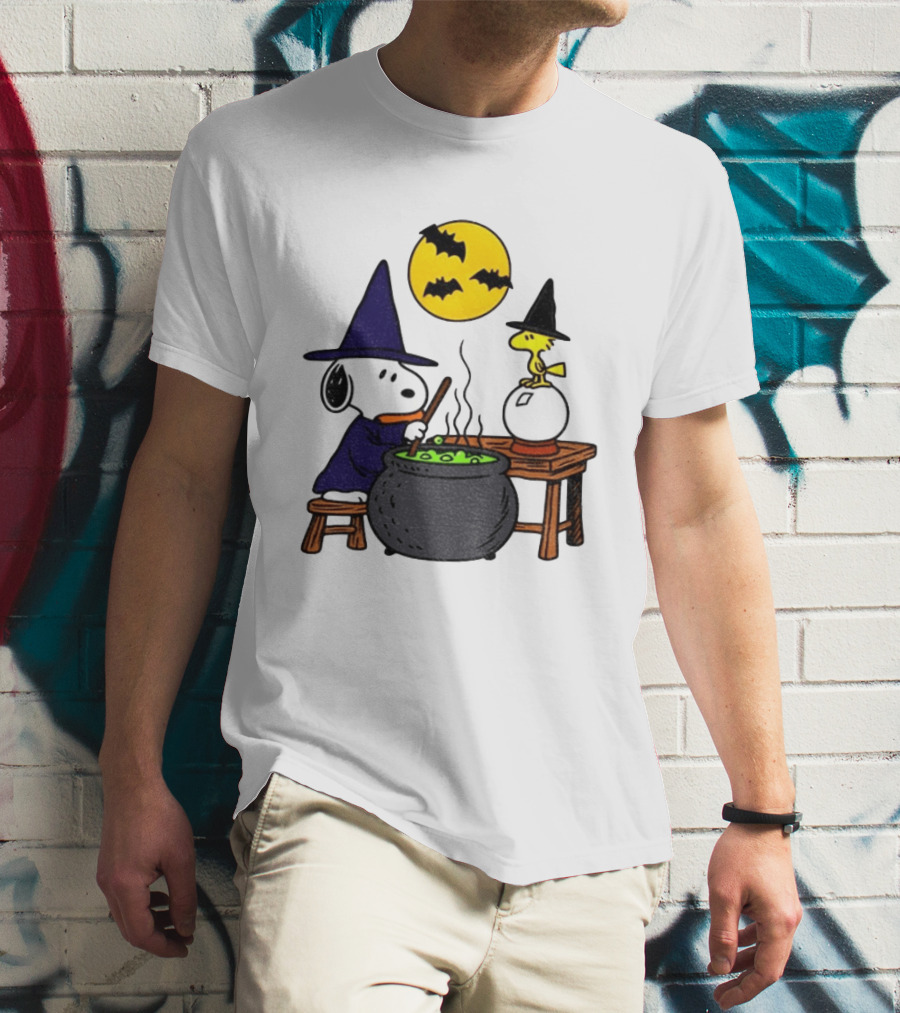 Snoopy Witch Cauldron Woodstock Crystal Ball Halloween Moon Bats T-Shirt