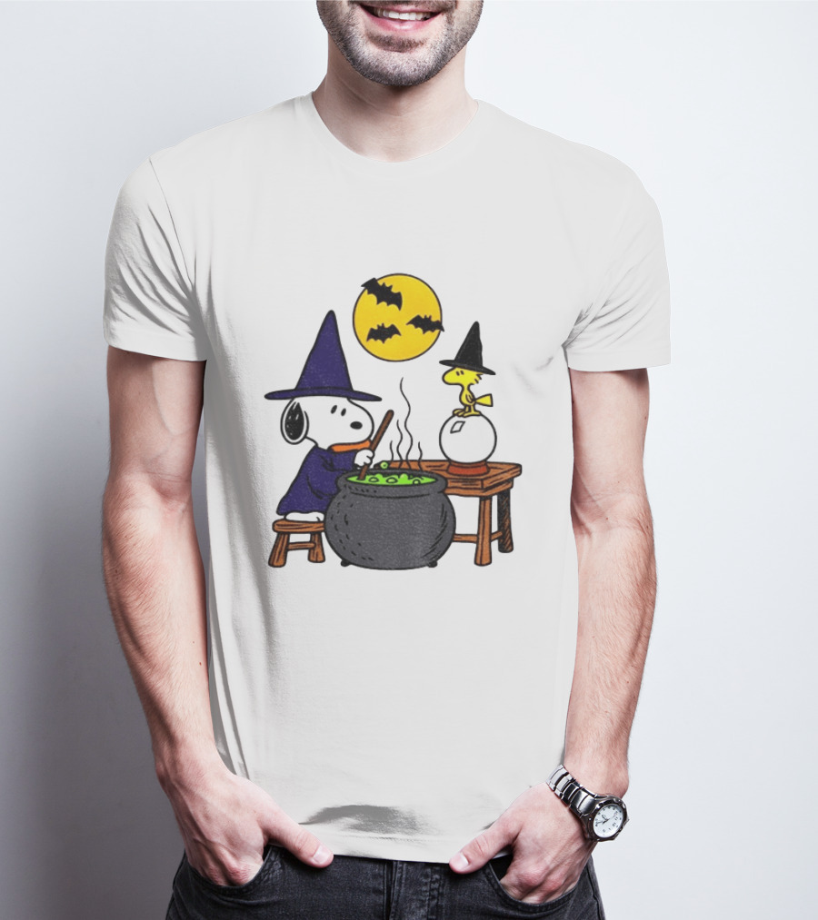 Snoopy Witch Cauldron Woodstock Crystal Ball Halloween Moon Bats T-Shirt