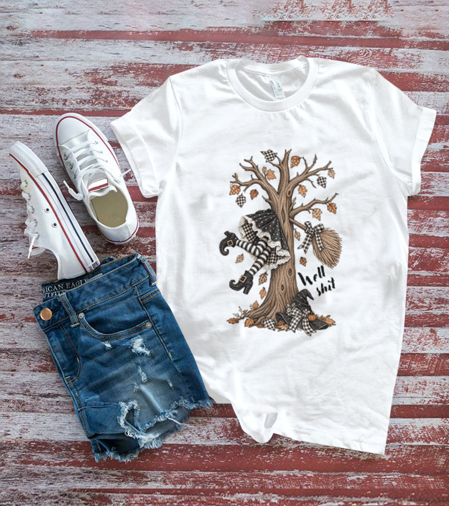 Well Shit Witch Halloween Tree Broom Black White Stripes Autumn Leaves T-Shirt
