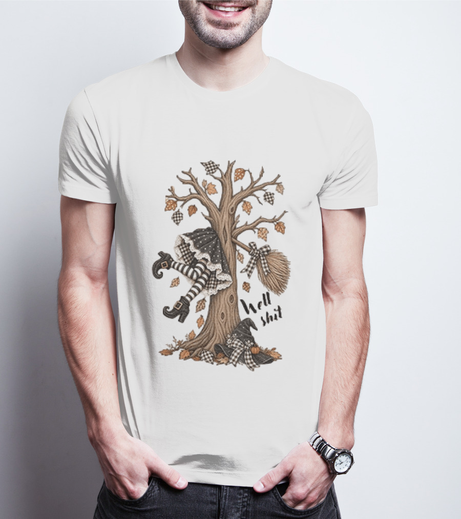 Well Shit Witch Halloween Tree Broom Black White Stripes Autumn Leaves T-Shirt