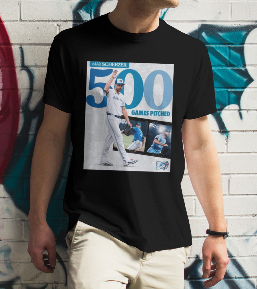 Max Scherzer 500 Games Pitched Blue Jays 50 T-Shirt