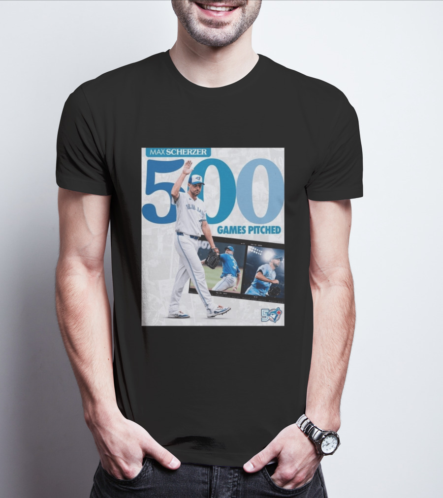Max Scherzer 500 Games Pitched Blue Jays 50 T-Shirt