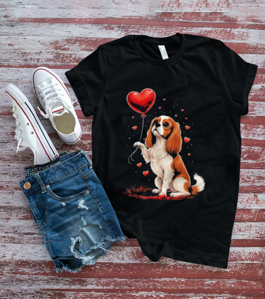 Cavalier King Charles Spaniel With Heart Balloon Surrounded By Floating Hearts T-Shirt