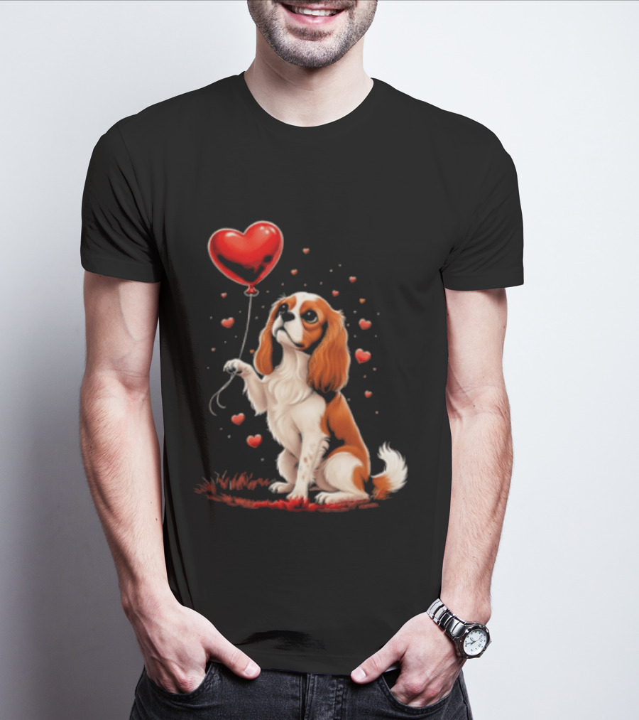 Cavalier King Charles Spaniel With Heart Balloon Surrounded By Floating Hearts T-Shirt