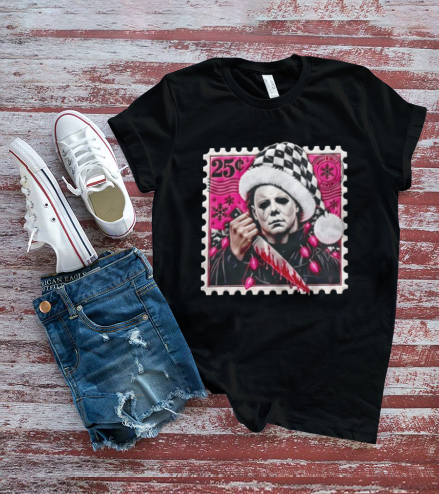 Cincinnati Bengals Michael Myers 25 Cent Checkerboard Santa Hat Holding Knife Pink T-Shirt