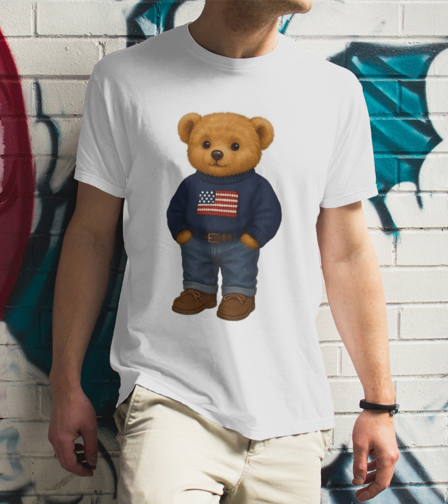 Polo Bear Sweater With American Flag Knit Fashion T-Shirt