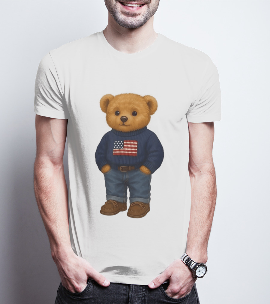 Polo Bear Sweater With American Flag Knit Fashion T-Shirt