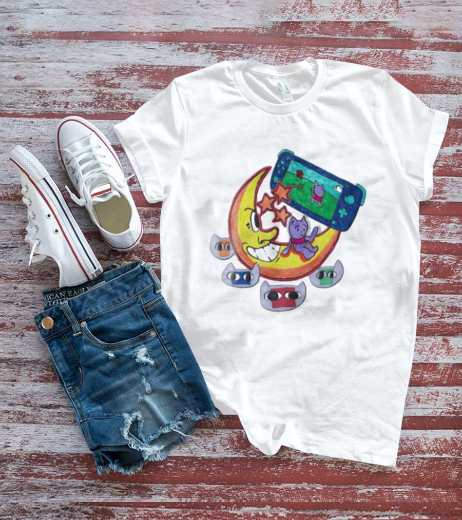 Purple Bear Gaming On Moon With Sunflowers And Dogs Whimsical Two Sided T-Shirt