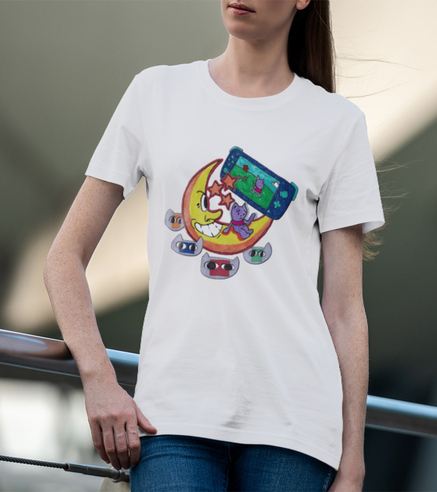 Purple Bear Gaming On Moon With Sunflowers And Dogs Whimsical Two Sided T-Shirt