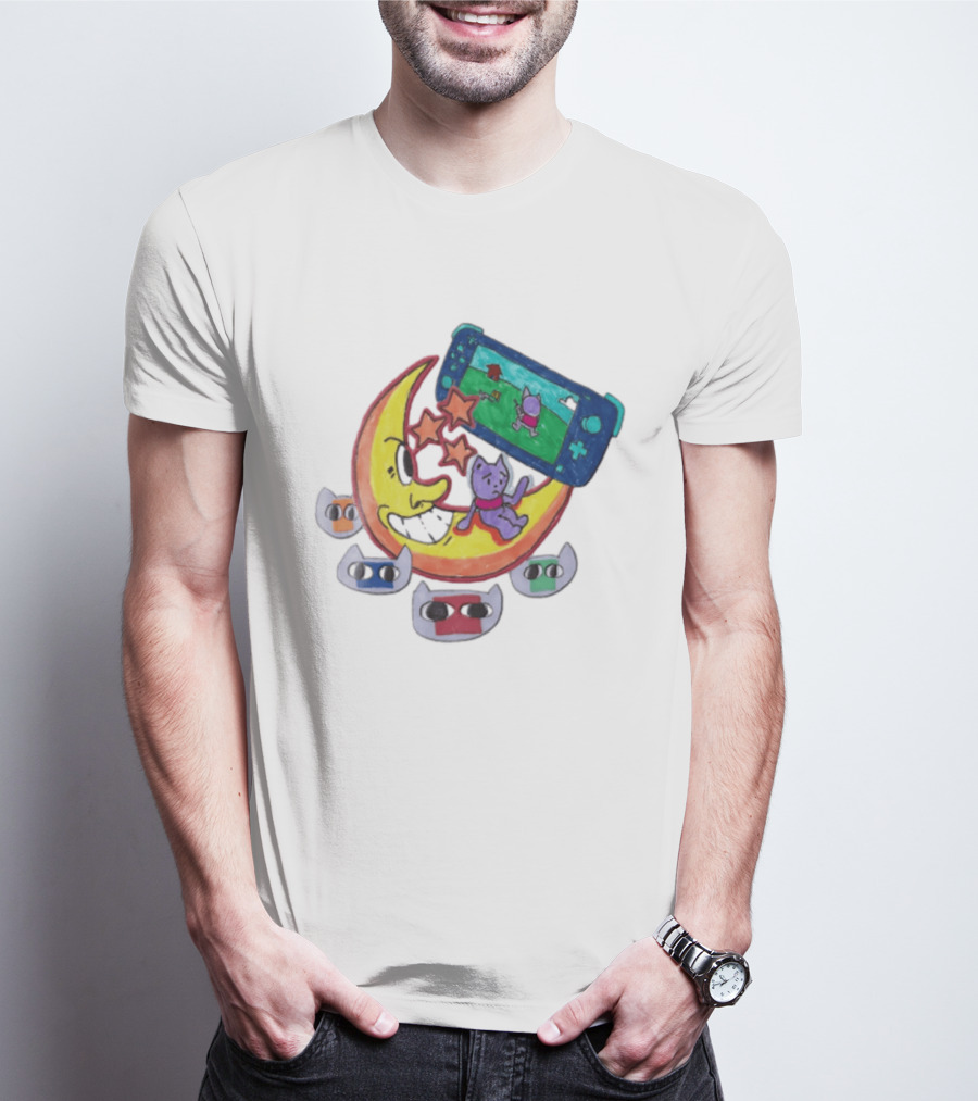Purple Bear Gaming On Moon With Sunflowers And Dogs Whimsical Two Sided T-Shirt