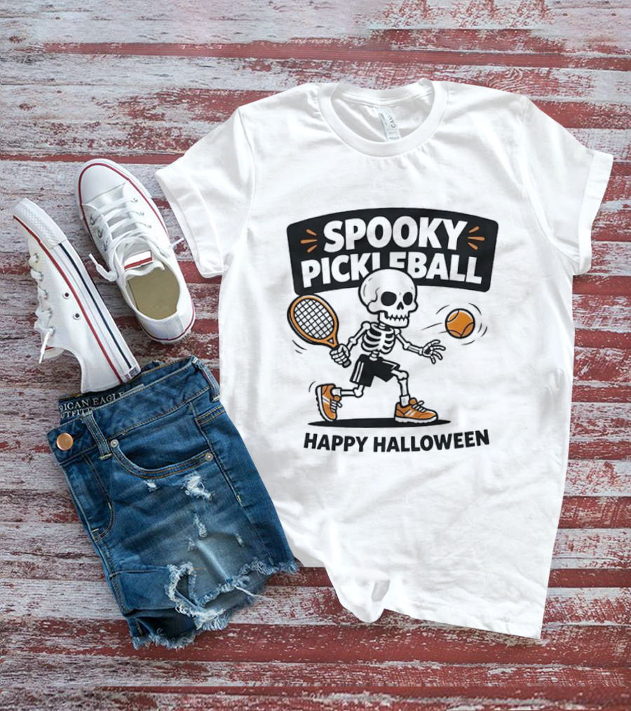 Spooky Pickleball Skeleton Halloween T-Shirt