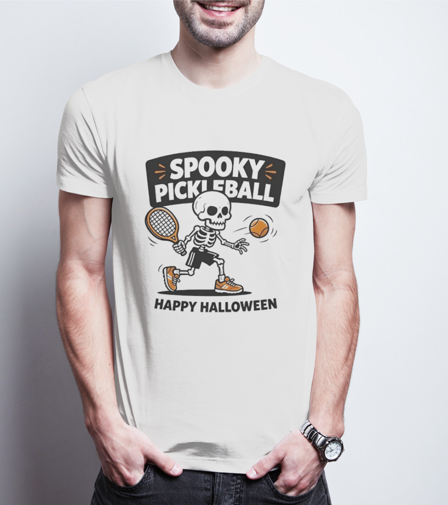 Spooky Pickleball Skeleton Halloween T-Shirt