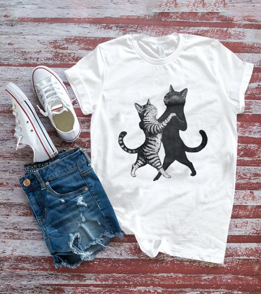 Two Cats Dancing Together Feline Black And White Playful Duo T-Shirt
