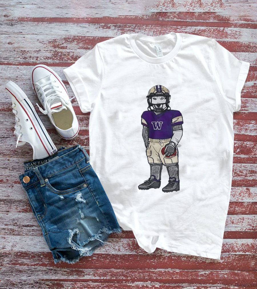 Washington Huskies Football Player Husky Mascot With Purple Jersey T-Shirt