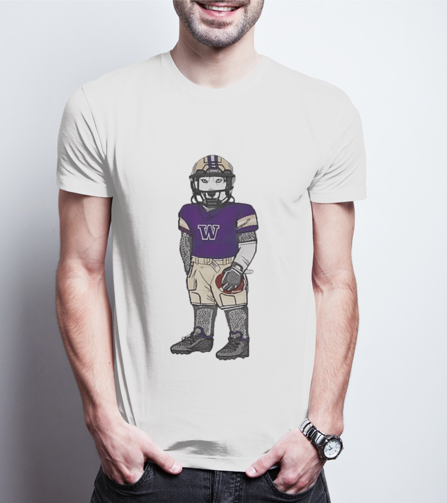Washington Huskies Football Player Husky Mascot With Purple Jersey T-Shirt